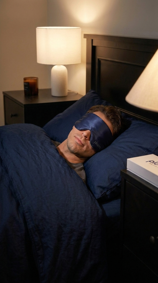 asleep in the ploom mask, gift box on the nightstand